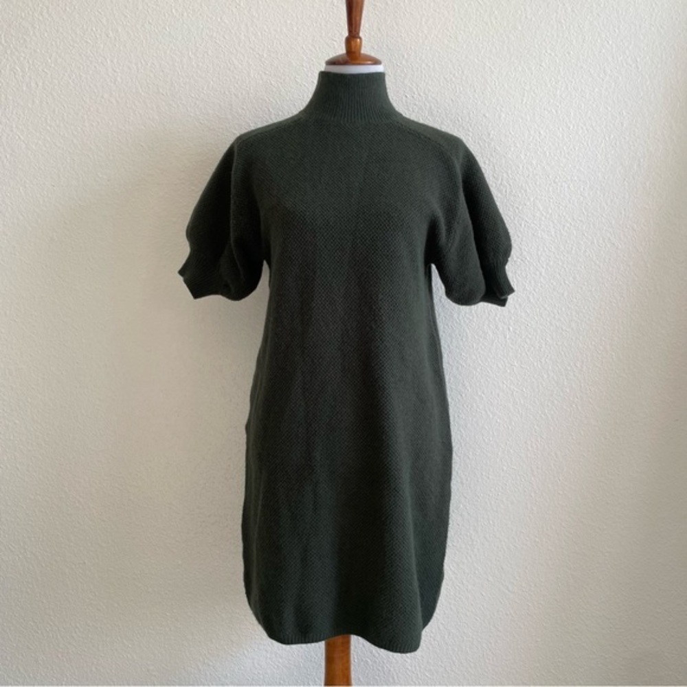 Ann Taylor Mock Neck Mini Sweater Dress Womens Small Green Short Balloon Sleeve